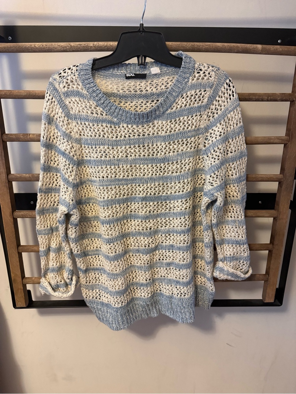 BDG Cream and Light Blue Striped Open-Weave Crewneck Sweater